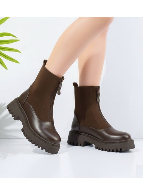 حذاء كاحل من الجلد و الشمواه مع سوسته أنيق E-104 -بني